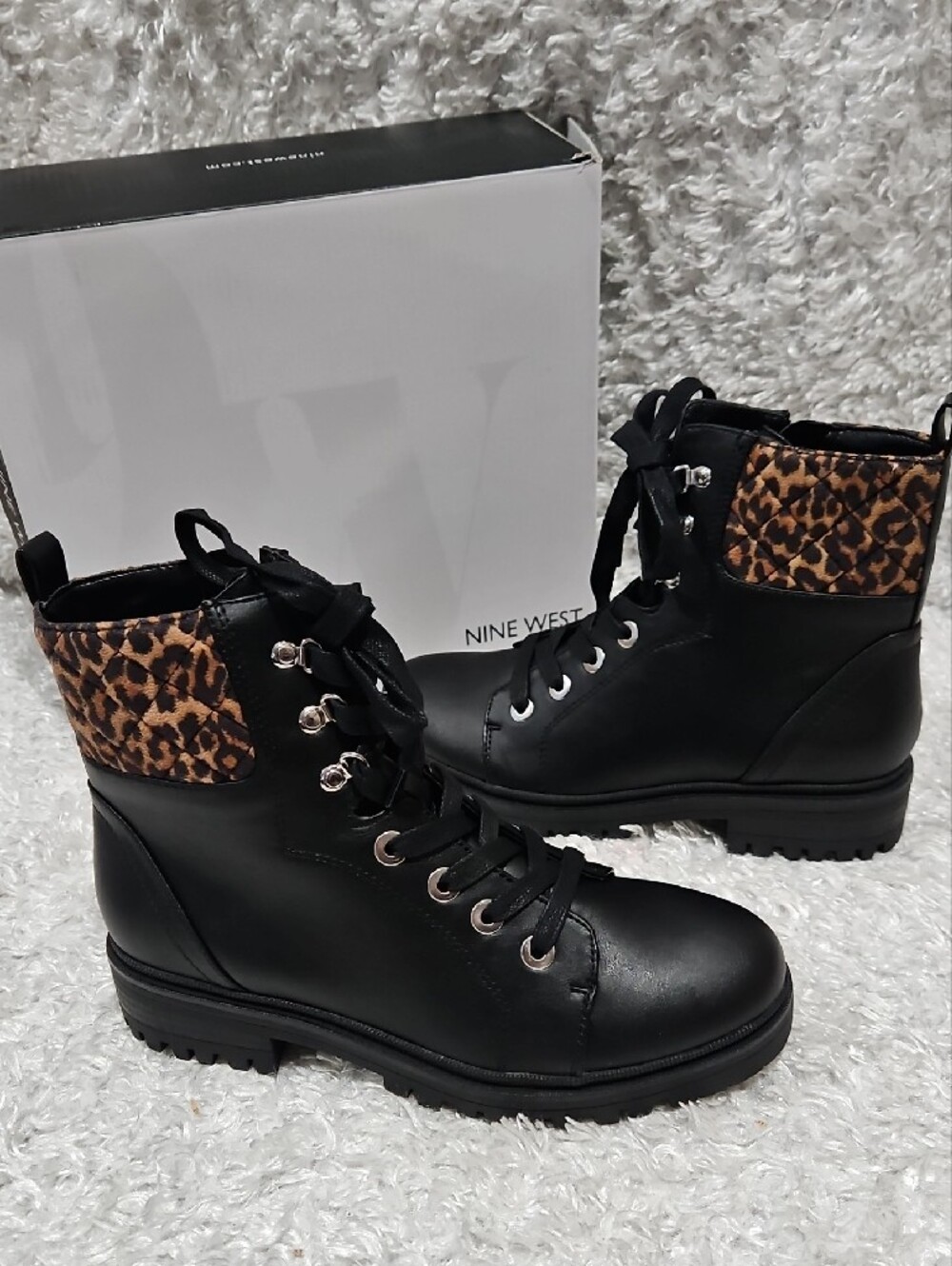 Nine West Black Lace-Up Combat Boot with Leopard Cuff - Picture 1 of 12